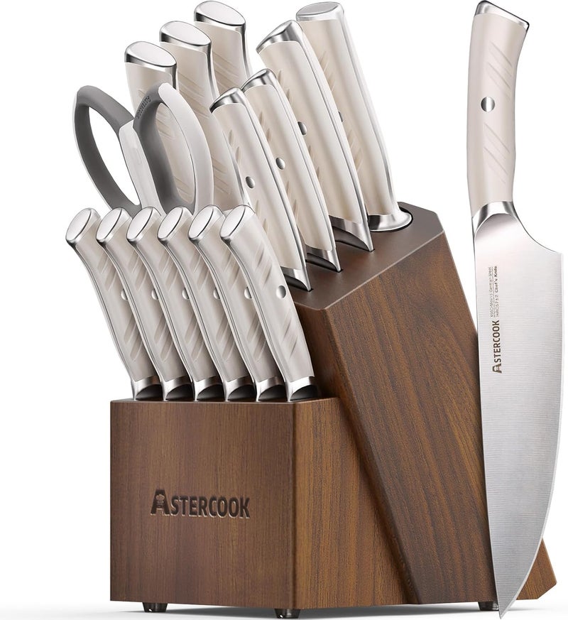 Astercook Knife Set, Kitchen Knife Set with Block, 15 Pcs Luxurious High Carbon German Stainless Steel Knives Set with Full Tang Ergonomic Handle, Dishwasher Safe Knife Block Set with Sharpening Rod - Image 1